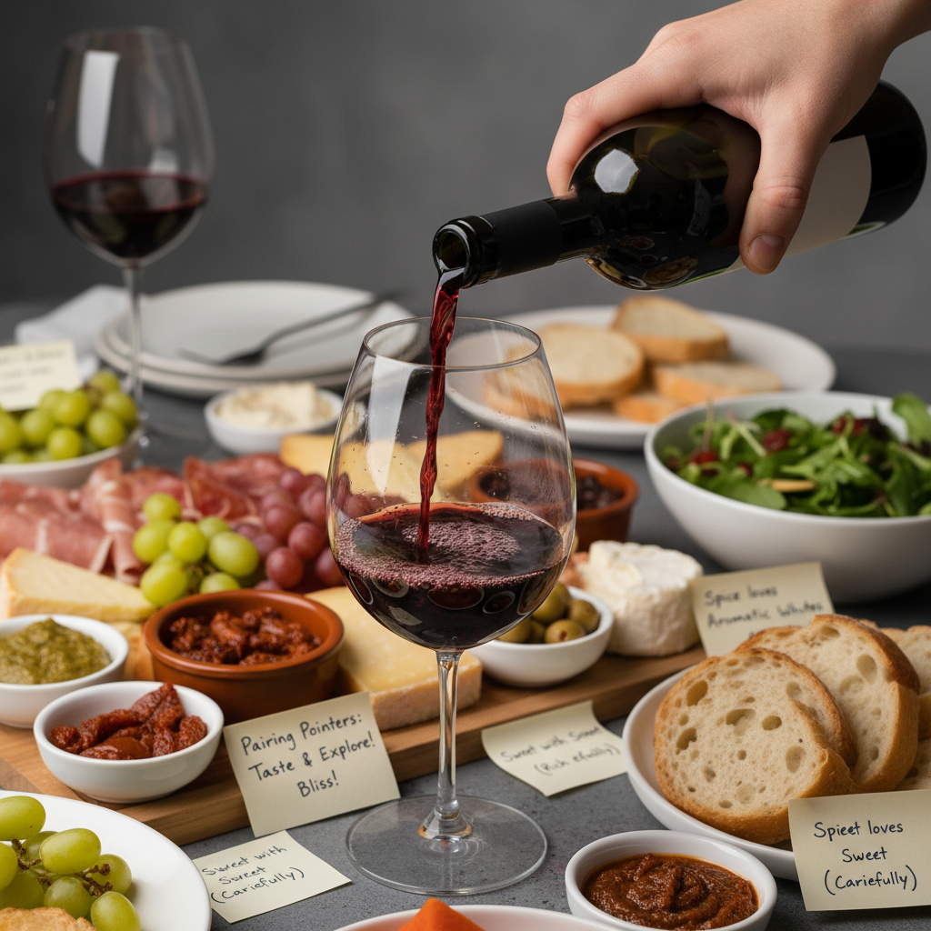 A beautifully styled flat lay of a gourmet meal and a glass of wine, with subtle magical or harmonious elements, representing the perfect food and wine pairing and an elevated culinary experience.
