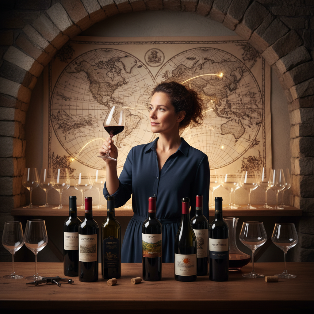 A captivating image of a person tasting or examining various wine bottles from different regions, perhaps with a global wine map or diverse wine glasses in the background, symbolizing the journey of wine exploration and discovery.