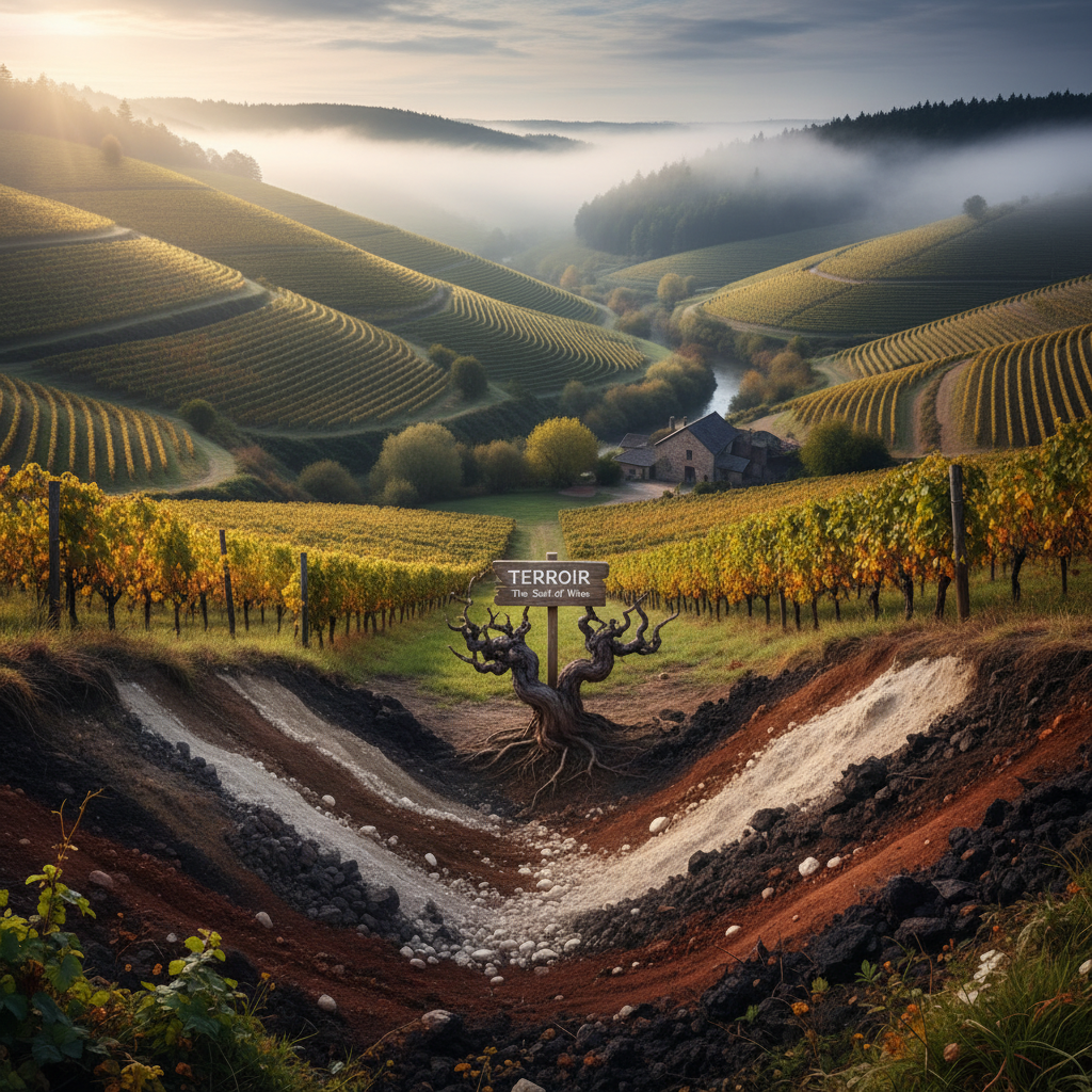 A scenic vineyard landscape illustrating the concept of 'terroir,' with visible elements of diverse soil, varied topography, and atmospheric conditions like sun or mist, representing the unique environmental factors shaping wine.