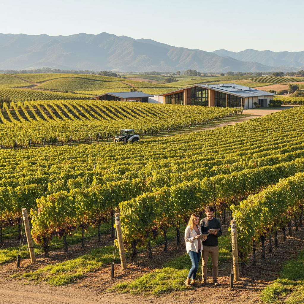 A vibrant New World vineyard from regions like California or Australia, with expansive rows of grapevines bathed in sunshine, showcasing modern viticulture and the innovative spirit of these regions.